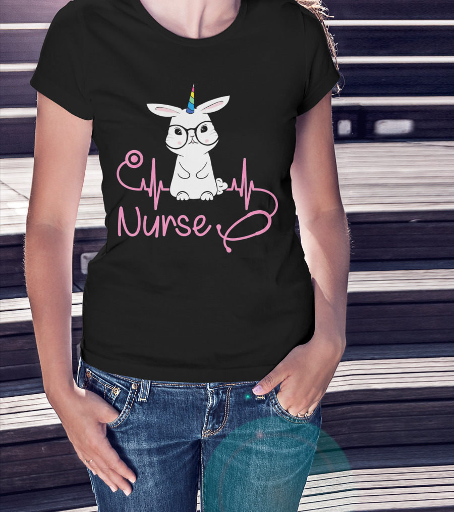 Nurse Unicorn Bunny Stethoscope Heartbeat T-Shirt