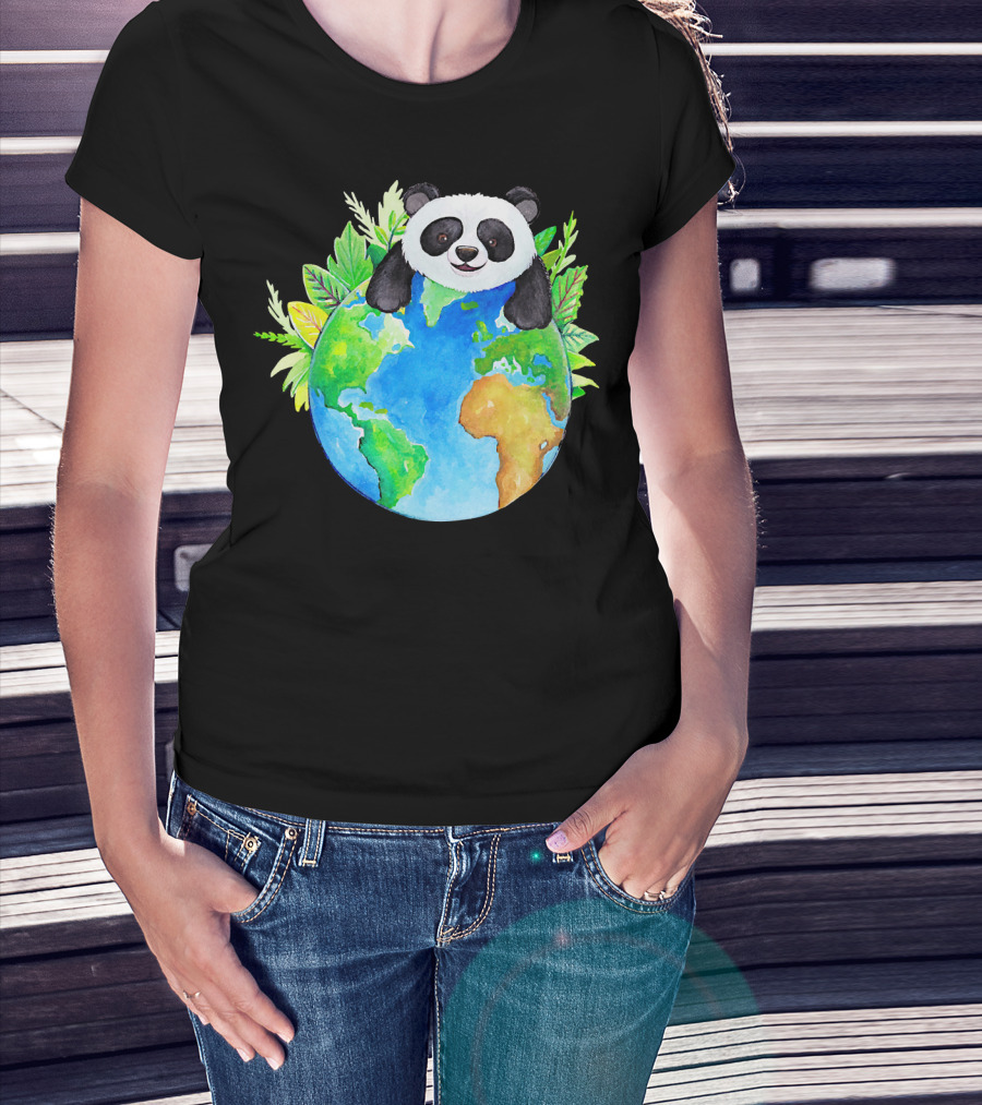 Cute Earth Panda Bear With Green Foliage T-Shirt