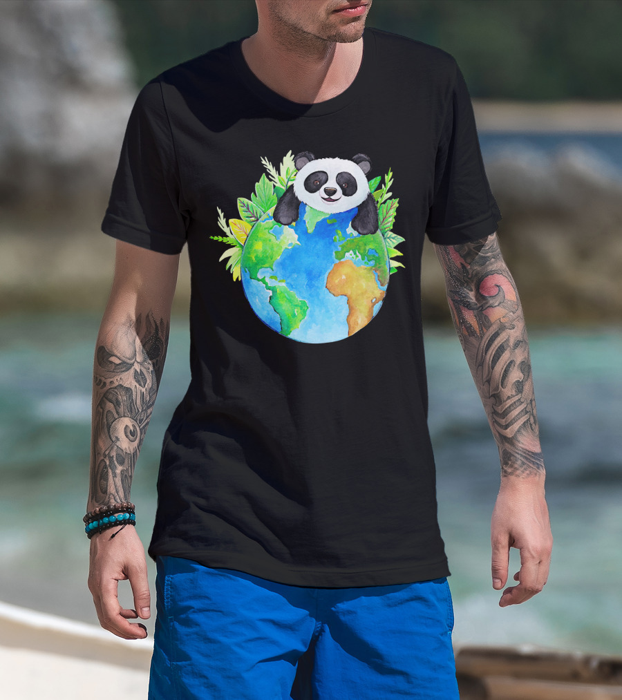 Cute Earth Panda Bear With Green Foliage T-Shirt