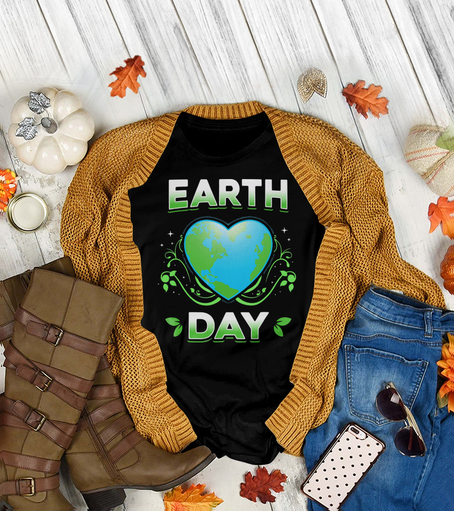 Earth Day Heart with Green Leaves and Swirls T-Shirt