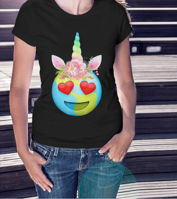 Heart Eyes Unicorn Earth Day Emoji Floral Mane T-Shirt