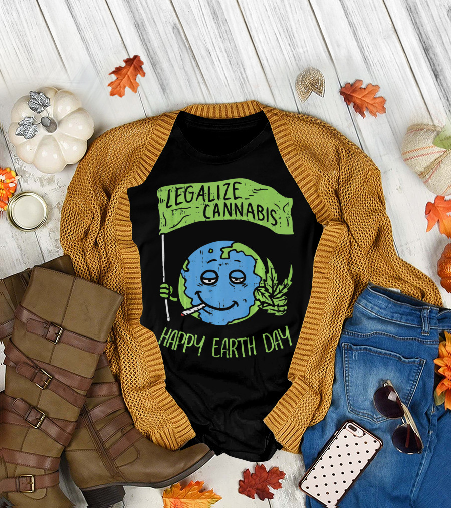 Legalize Cannabis Happy Earth Day Smoky Globe Holding Leaf T-Shirt
