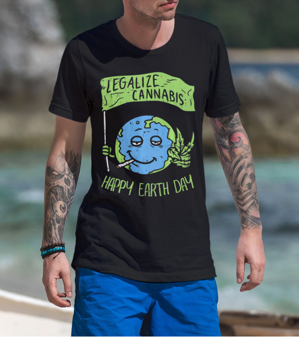 Legalize Cannabis Happy Earth Day Smoky Globe Holding Leaf T-Shirt