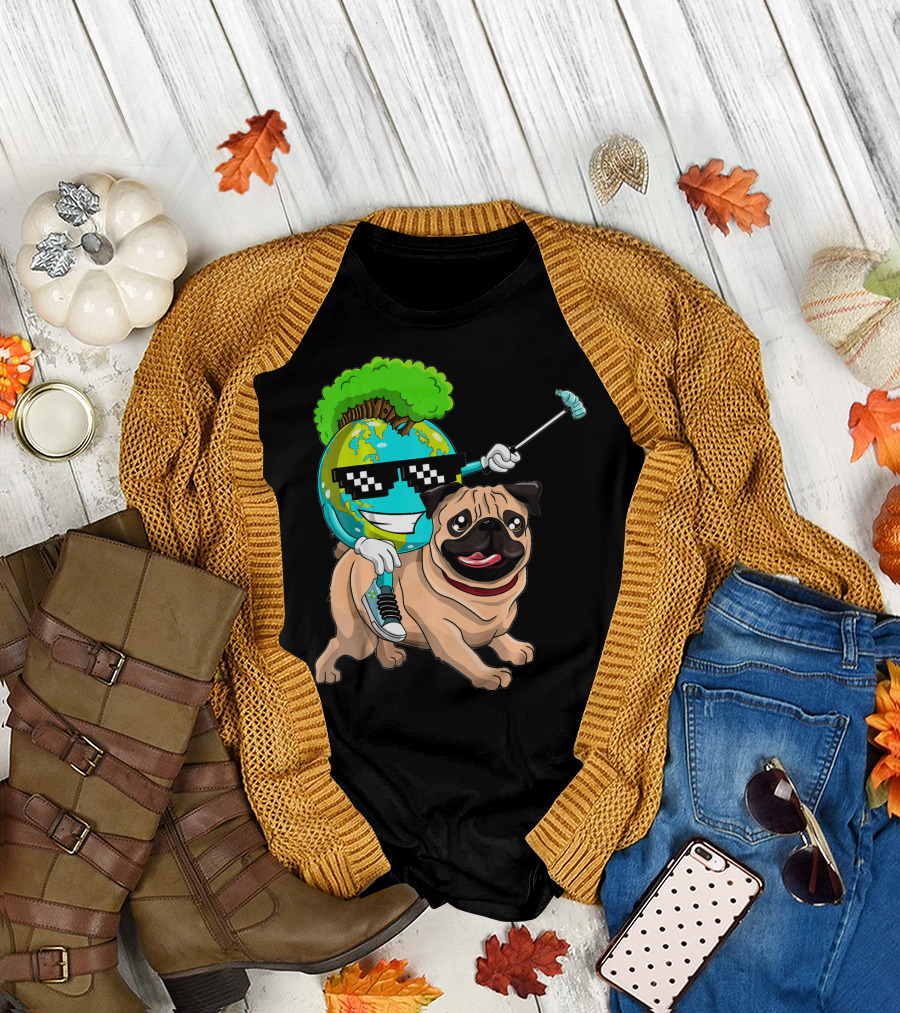 Earth Day Pug with Cool Recycling Globe and Sunglasses T-Shirt