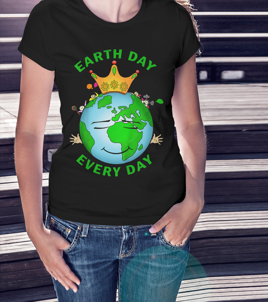 Earth Day Every Day Smiling Earth With Crown And Playful Elements T-Shirt