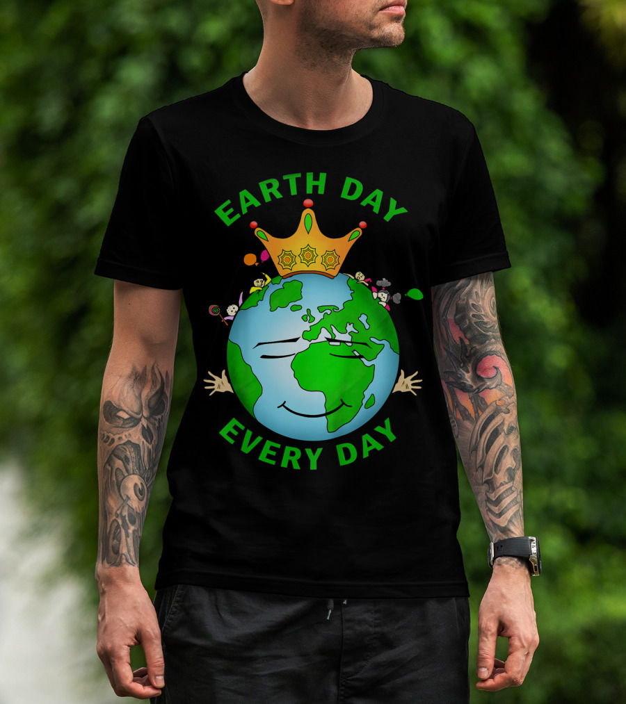 Earth Day Every Day Smiling Earth With Crown And Playful Elements T-Shirt