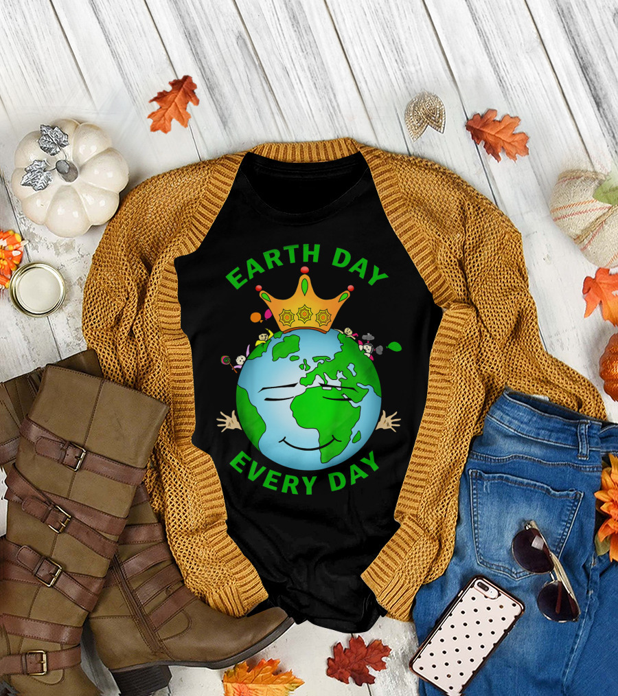Earth Day Every Day Smiling Earth with Crown and Playful Elements T-Shirt