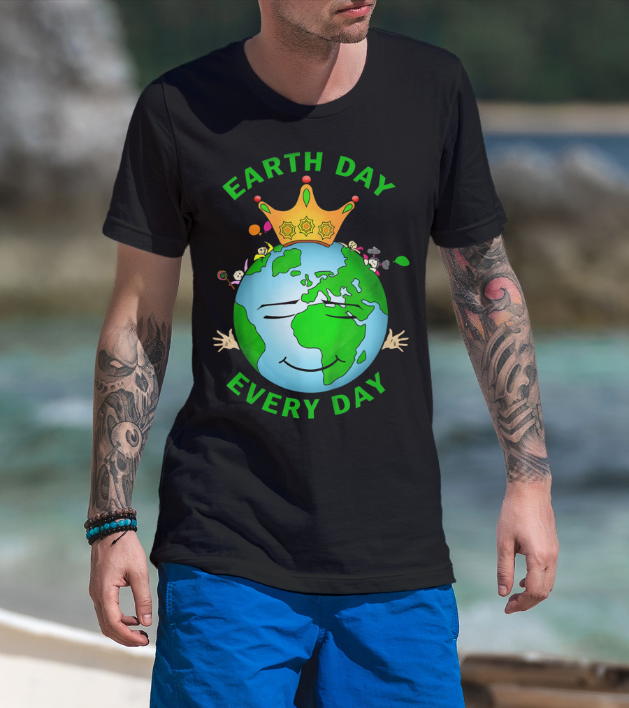 Earth Day Every Day Smiling Earth With Crown And Playful Elements T-Shirt