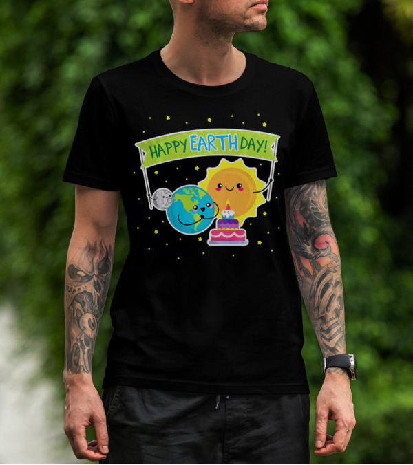 Happy Earth Day Cute Earth Sun Moon Cake T-Shirt