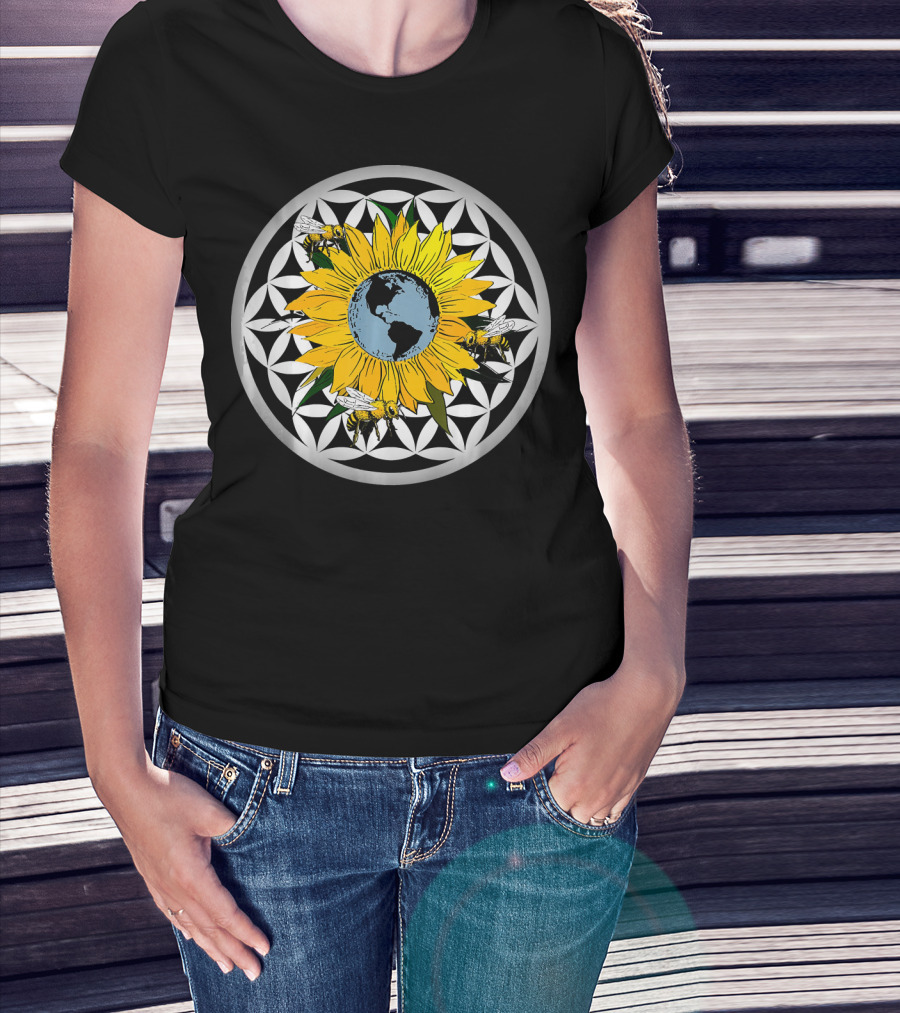 Sunflower Earth With Flower Of Life And Bees T-Shirt