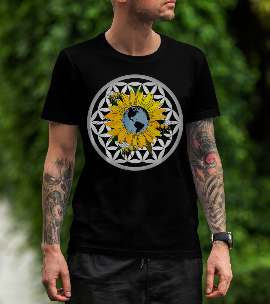 Sunflower Earth With Flower Of Life And Bees T-Shirt
