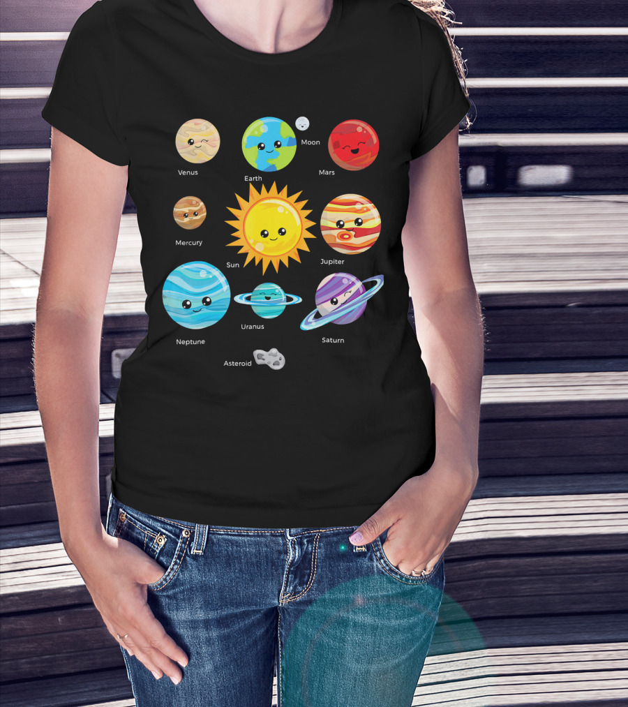 Solar System Planets Earth Moon Sun Venus Mars Mercury Jupiter Neptune Uranus Saturn Asteroid Cartoon T-Shirt
