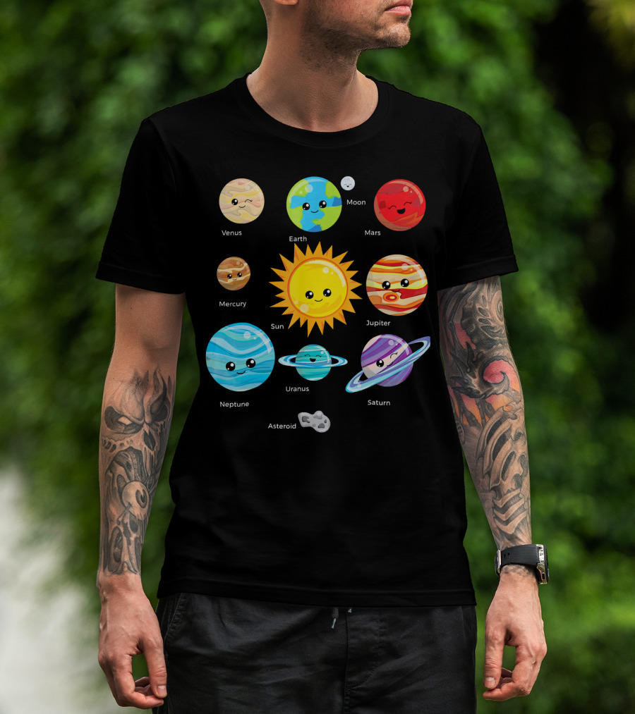 Solar System Planets Earth Moon Sun Venus Mars Mercury Jupiter Neptune Uranus Saturn Asteroid Cartoon T-Shirt
