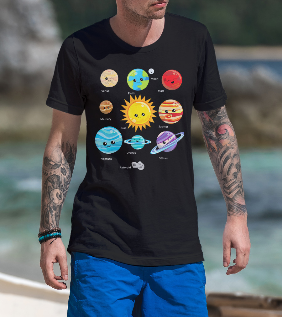 Solar System Planets Earth Moon Sun Venus Mars Mercury Jupiter Neptune Uranus Saturn Asteroid Cartoon T-Shirt
