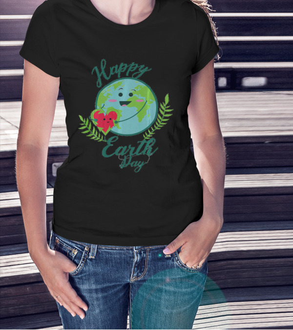 Happy Earth Day Smiling Planet With Heart And Leaves T-Shirt