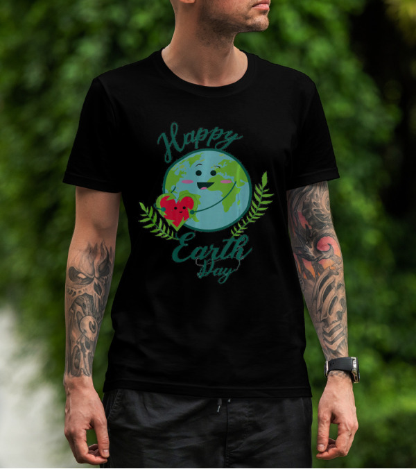 Happy Earth Day Smiling Planet With Heart And Leaves T-Shirt