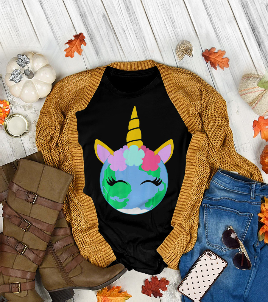 Unicorn Earth Cute Unicorn Face Earth with Flowers and Horn T-Shirt