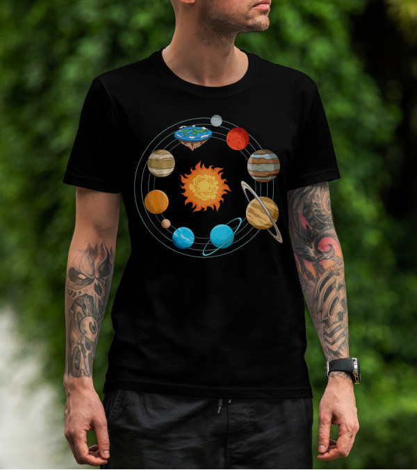 Flat Earth Joke Flat Earthers Solar System With Planets Orbiting Earth As A Disk T-Shirt
