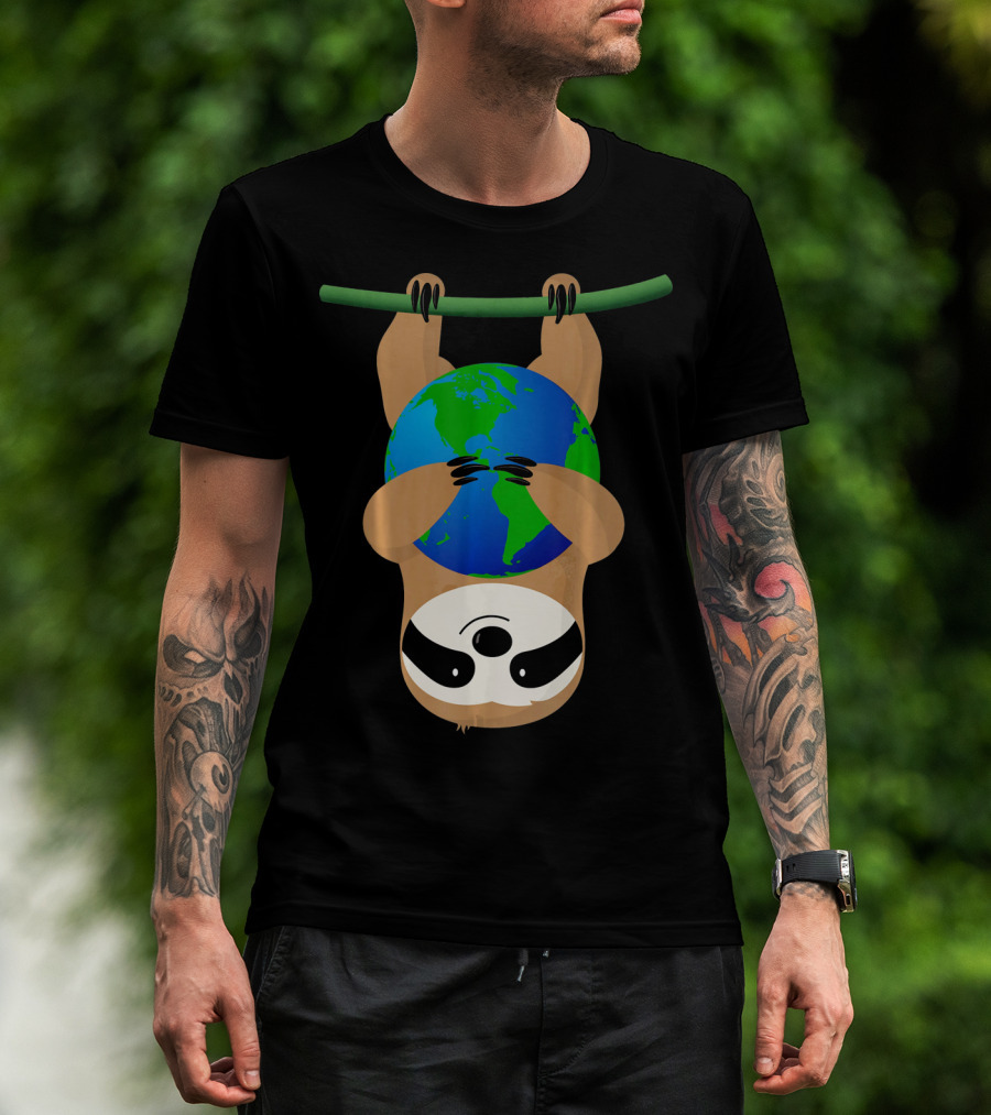 Earth Day Love The Earth Hanging Sloth Hugging Globe T-Shirt