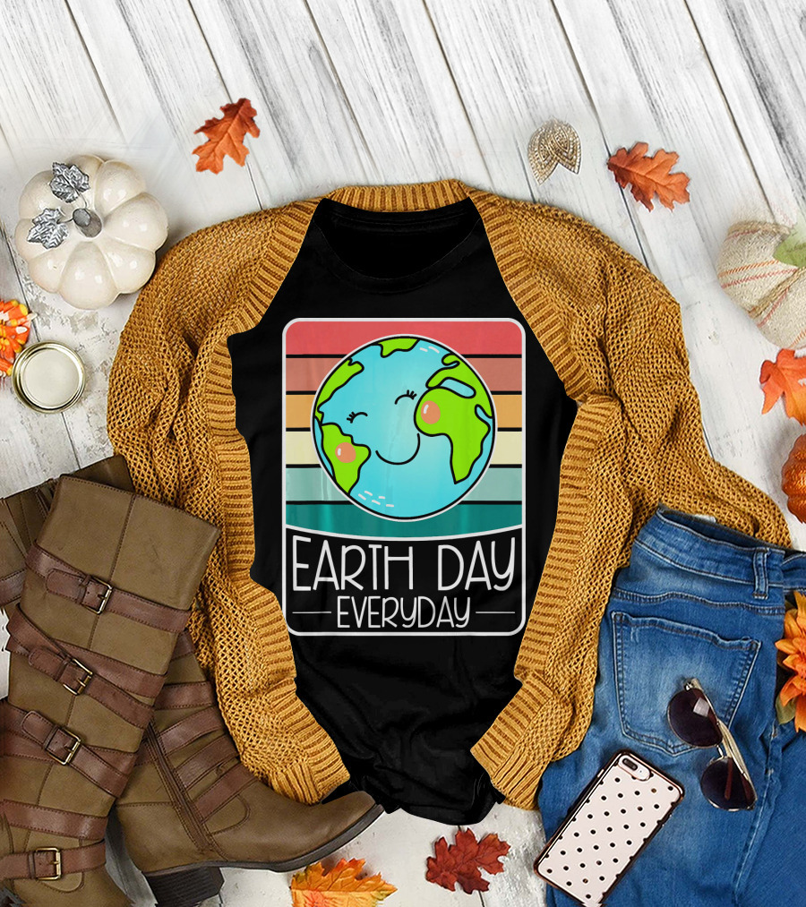Earth Day Everyday Smiling Earth on Retro Stripes T-Shirt