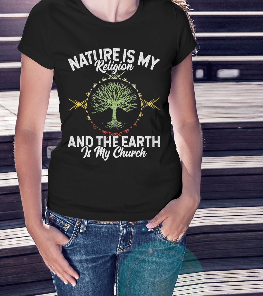 Nature Is My Religion And The Earth Is My Church Tree Silhouette On Mandala T-Shirt