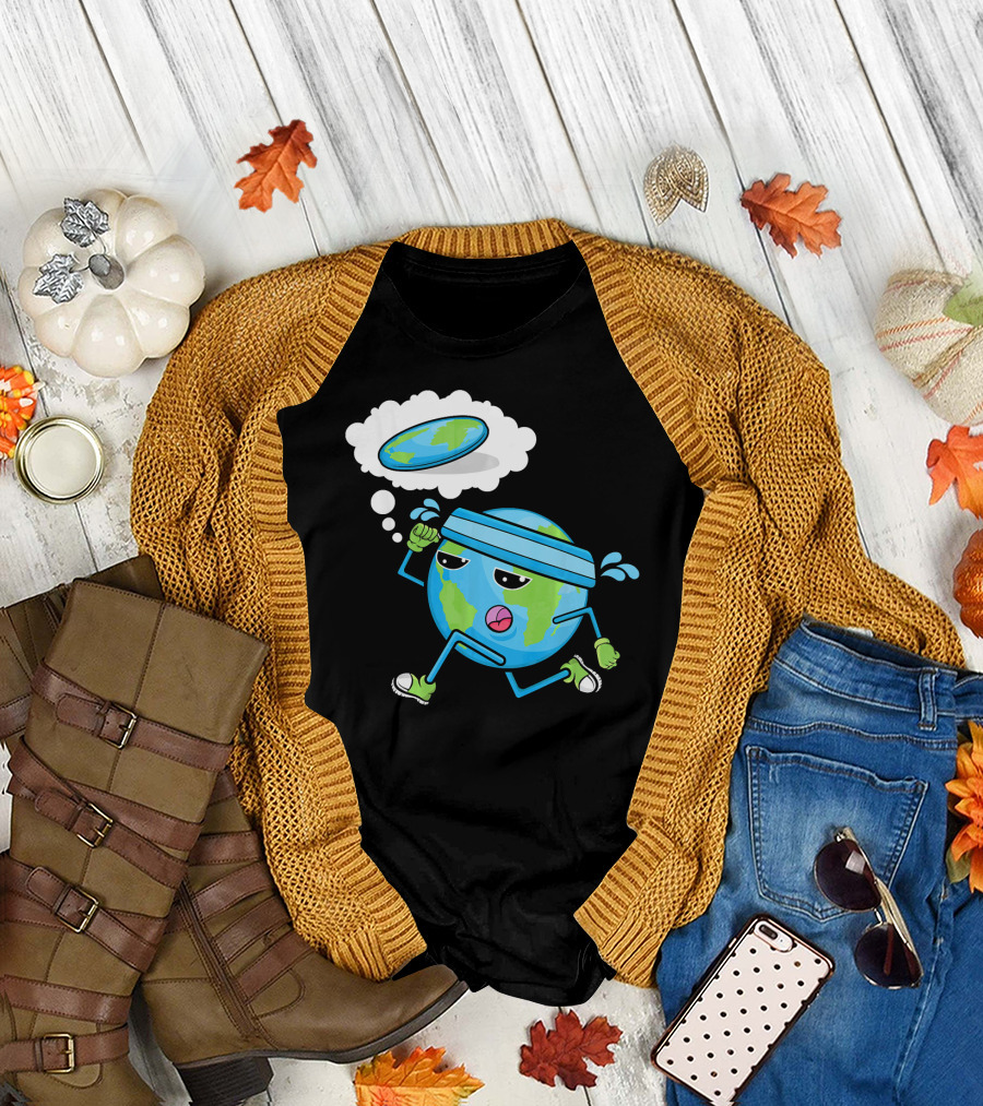 Flat Earth Gym Runner Cartoon with Sweatband and Sneakers T-Shirt