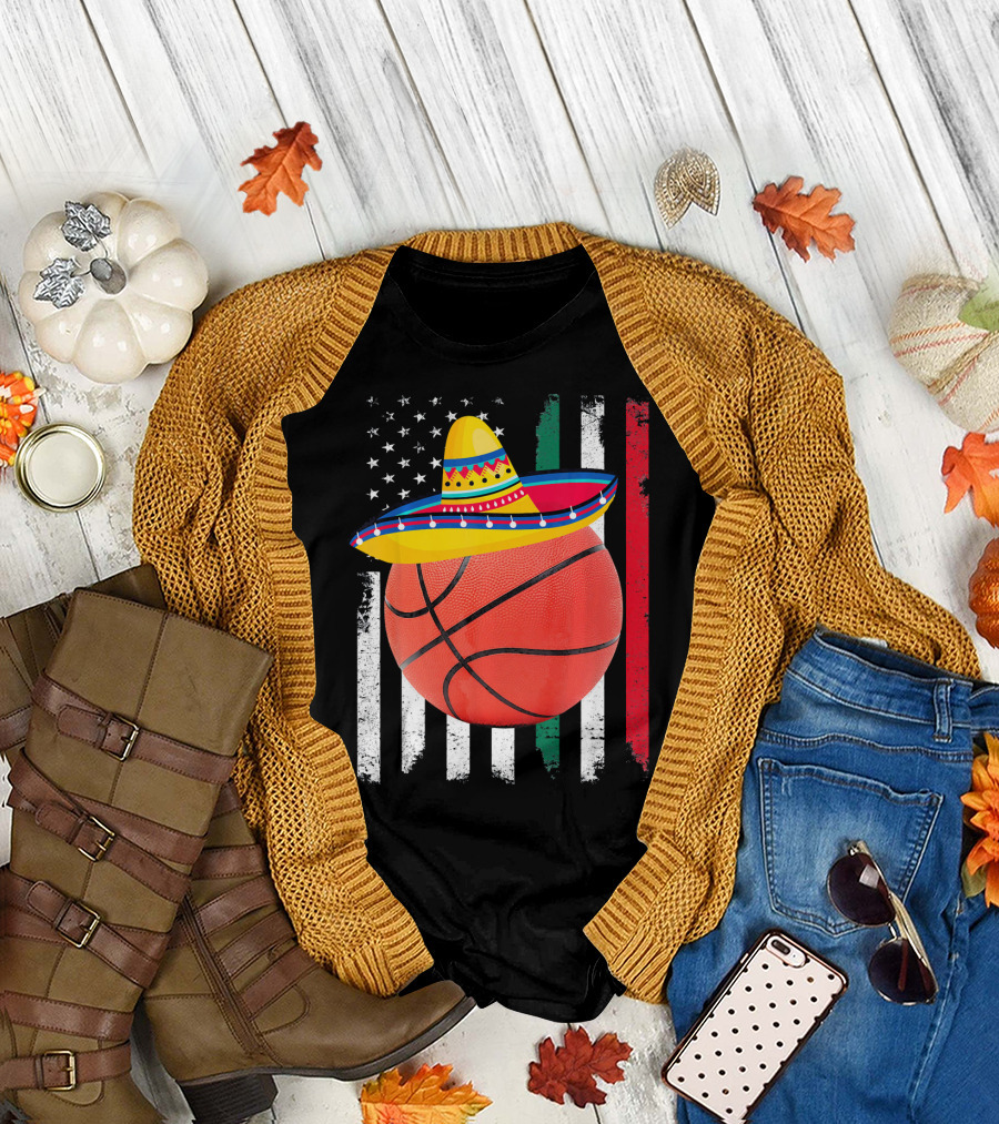 Cinco De Mayo Basketball Sombrero USA Mexico Flag T-Shirt