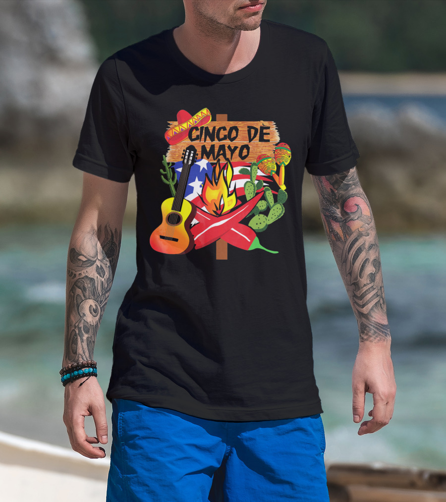 Cinco De Mayo America Loves Mexico With Sombrero Guitar Peppers Cactus And Maracas T-Shirt
