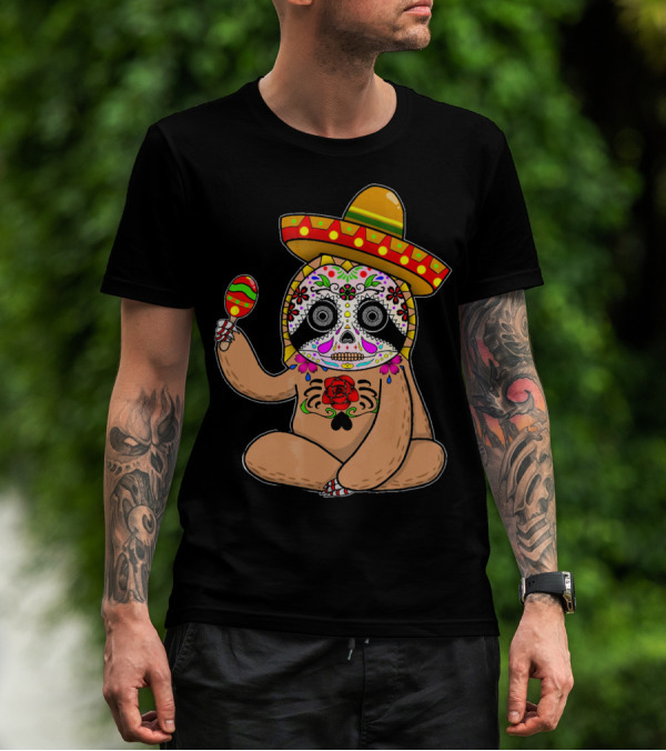 Cinco De Mayo Sloth Day Of The Dead Sombrero Maracas T-Shirt