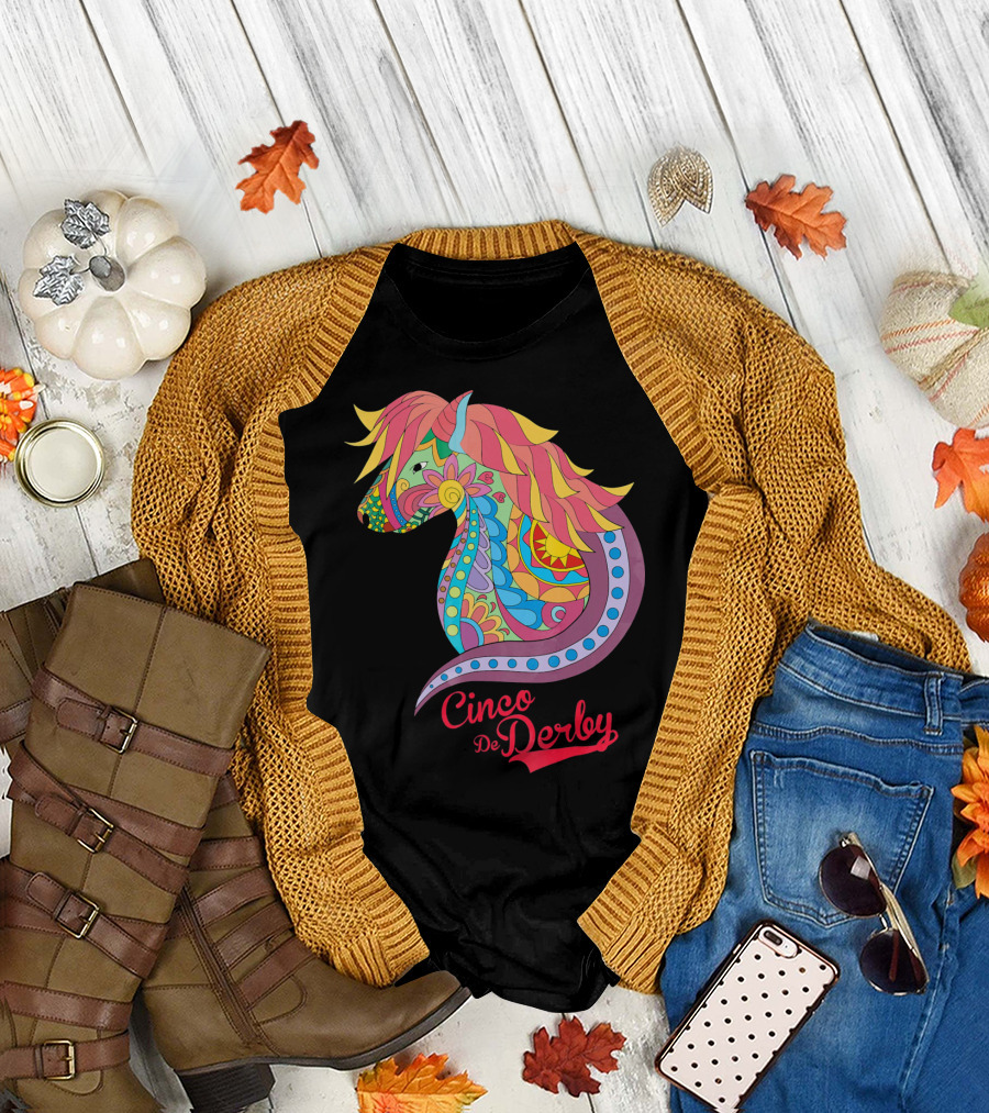 Cinco De Derby Colorful Horse Motif T-Shirt