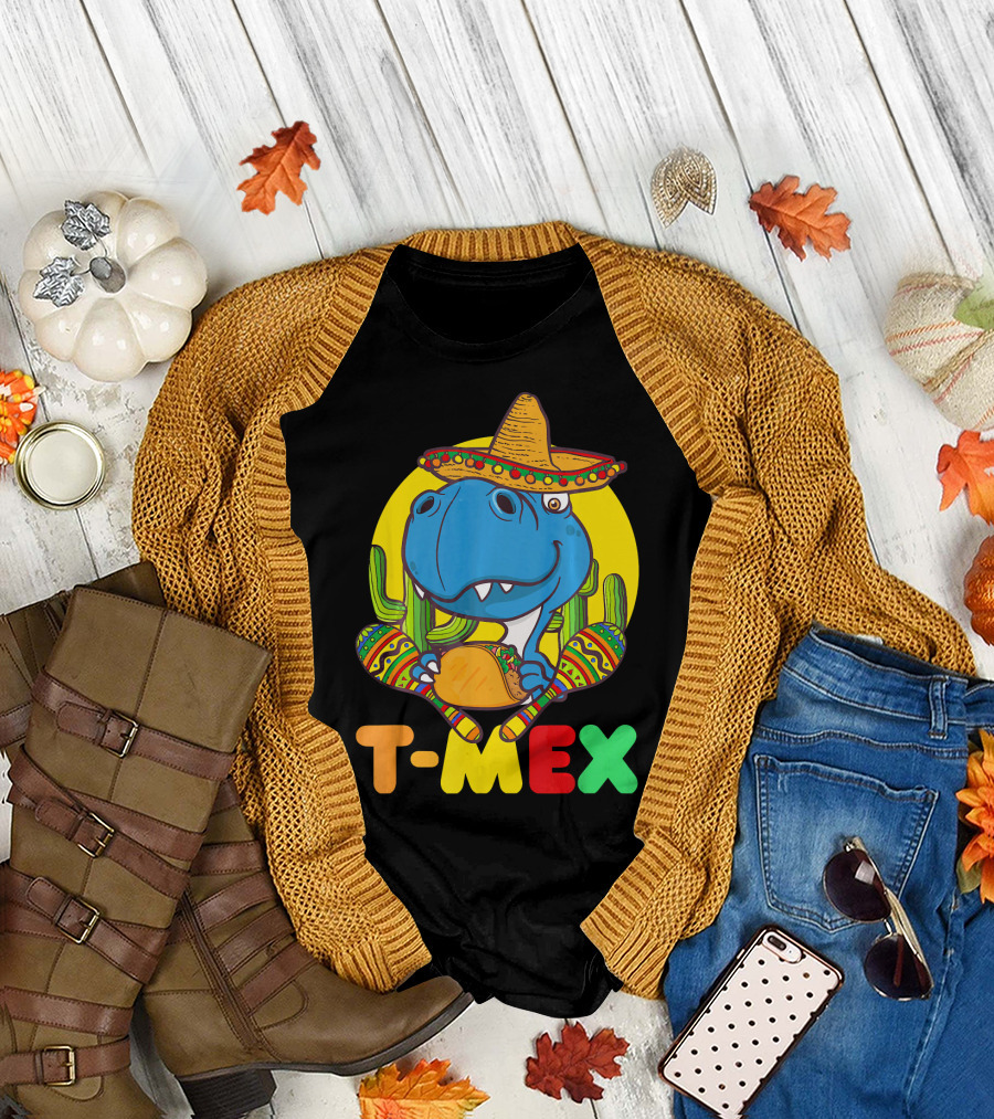 T-Mex Funny Cinco de Mayo Dinosaur Rex with Sombrero and Taco T-Shirt