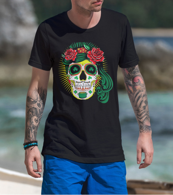 Cinco De Mayo St Patricks Day Shamrock Skull Roses T-Shirt