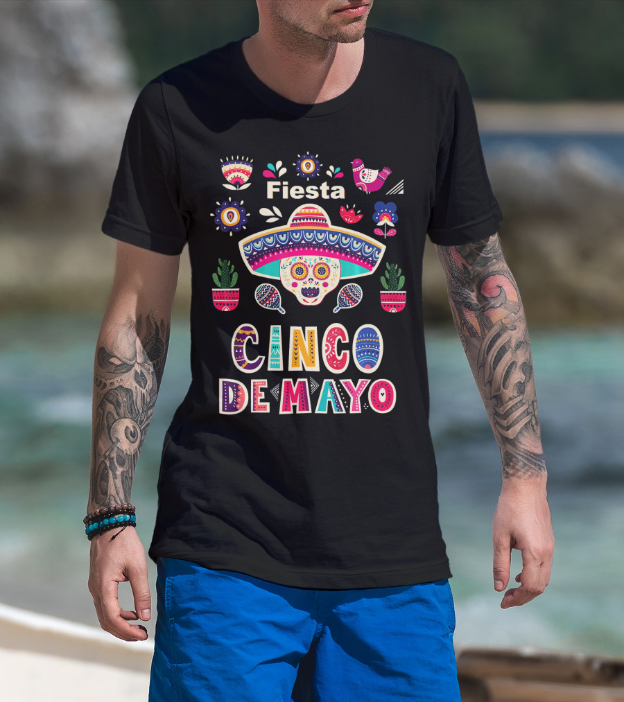 Fiesta Cinco De Mayo Mexico Sugar Skull Sombrero And Floral Elements T-Shirt