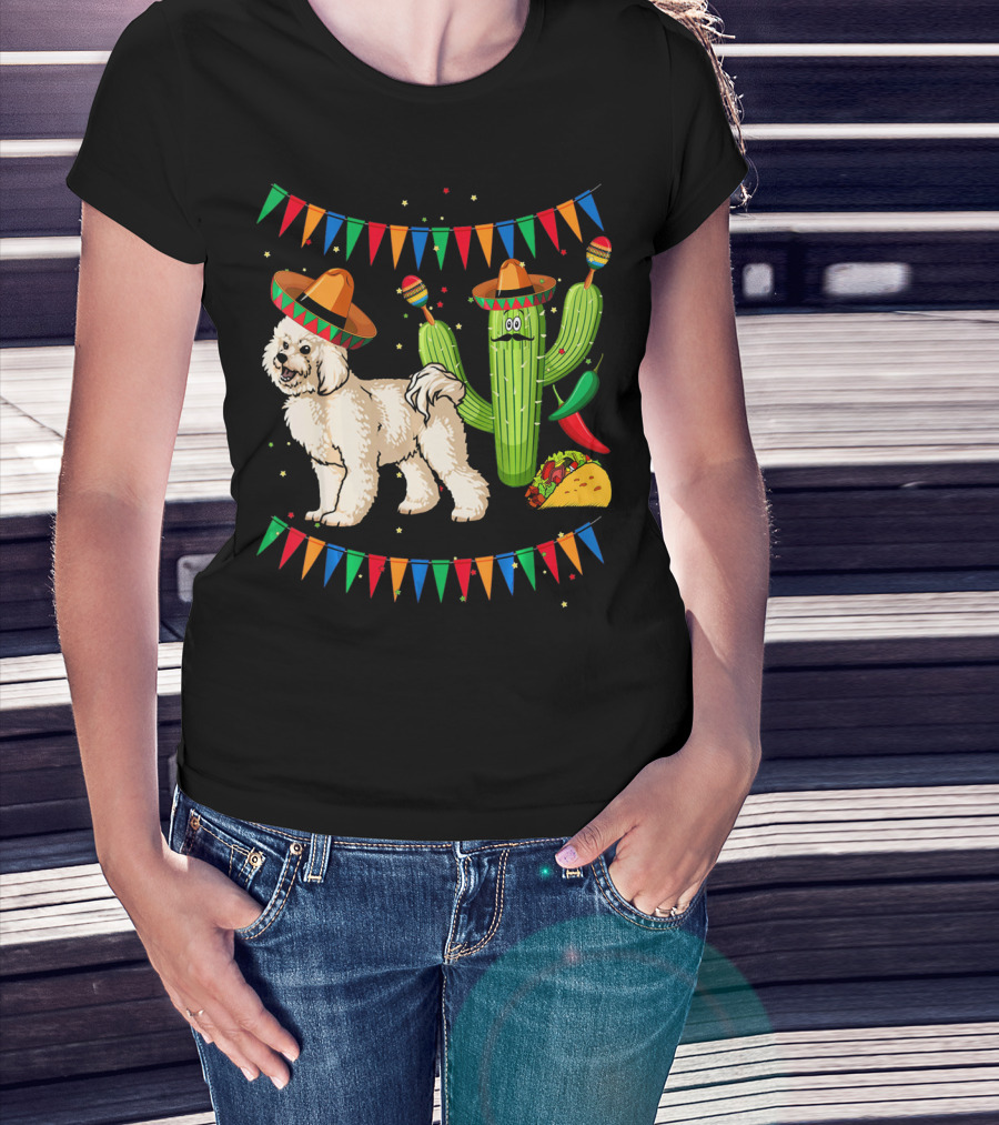 Sombrero Bichon Frise Dog And Cactus With Maracas Mexico Cinco Fiesta T-Shirt