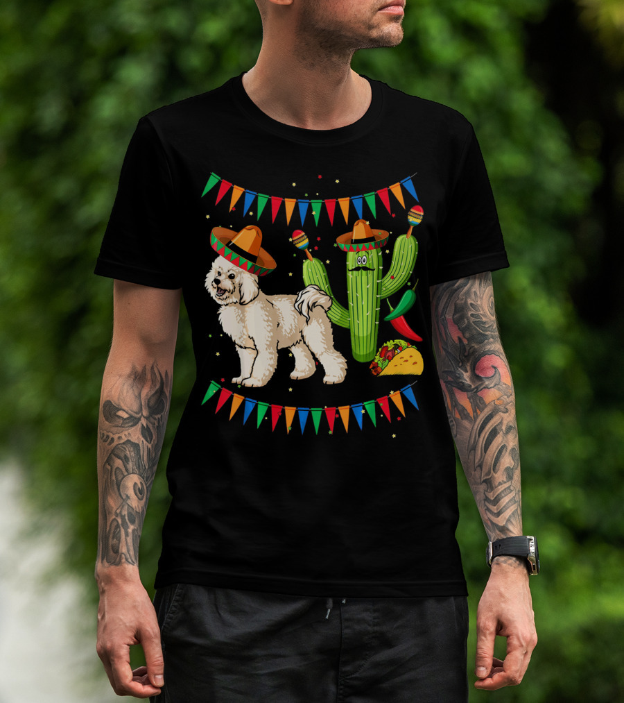 Sombrero Bichon Frise Dog And Cactus With Maracas Mexico Cinco Fiesta T-Shirt
