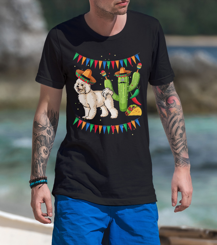 Sombrero Bichon Frise Dog And Cactus With Maracas Mexico Cinco Fiesta T-Shirt