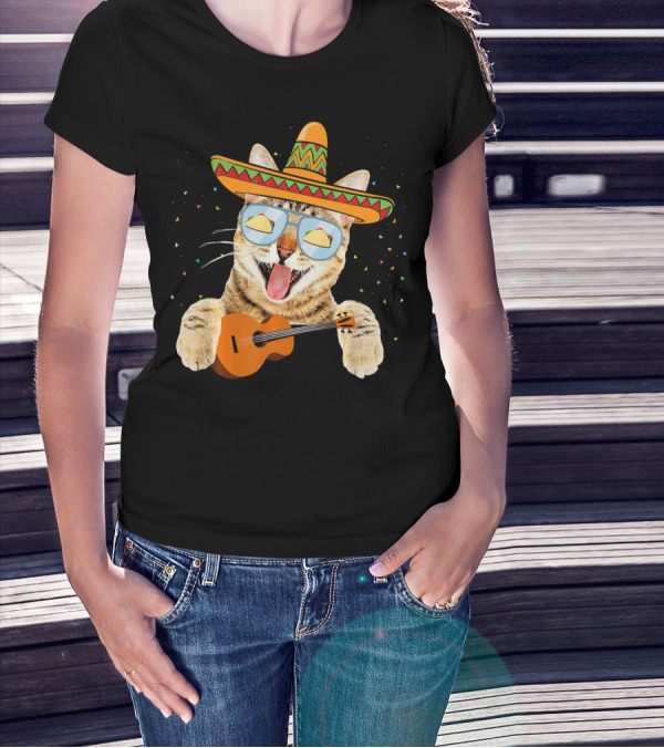 Cinco De Mayo Cat With Sombrero And Guitar T-Shirt