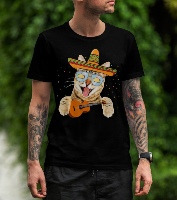 Cinco De Mayo Cat With Sombrero And Guitar T-Shirt