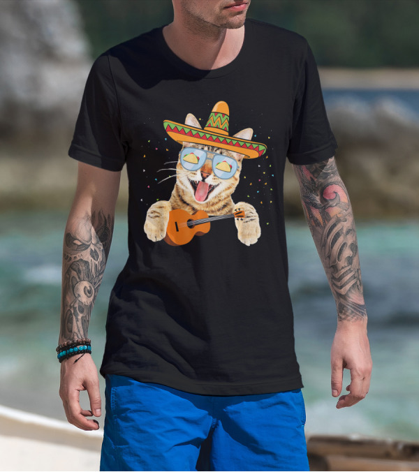 Cinco De Mayo Cat With Sombrero And Guitar T-Shirt