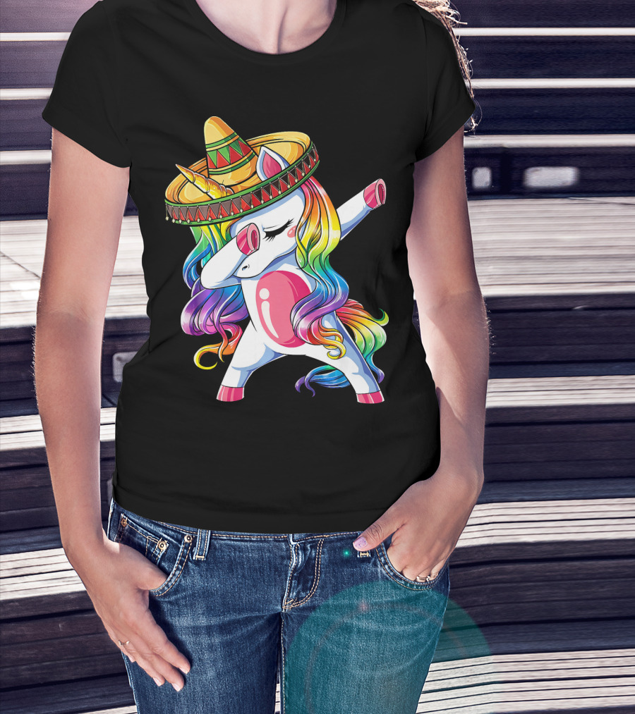 Dabbing Rainbow Unicorn With Sombrero Funny Cinco De Mayo T-Shirt