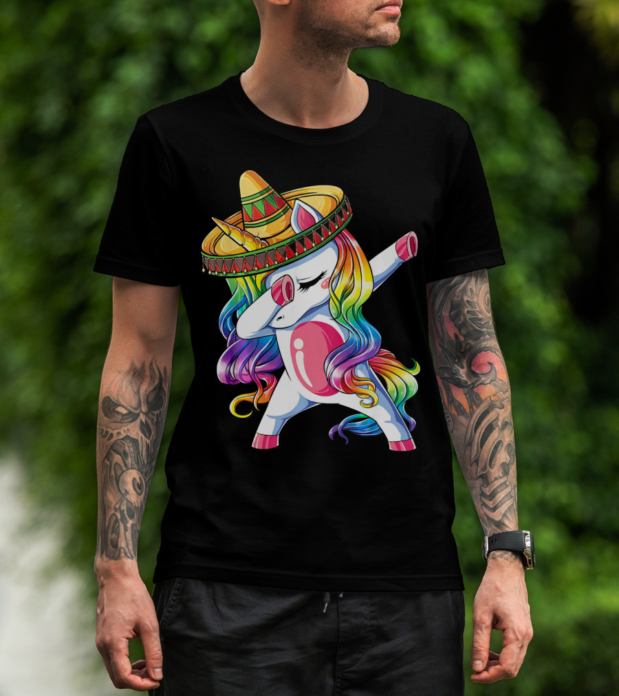 Dabbing Rainbow Unicorn With Sombrero Funny Cinco De Mayo T-Shirt
