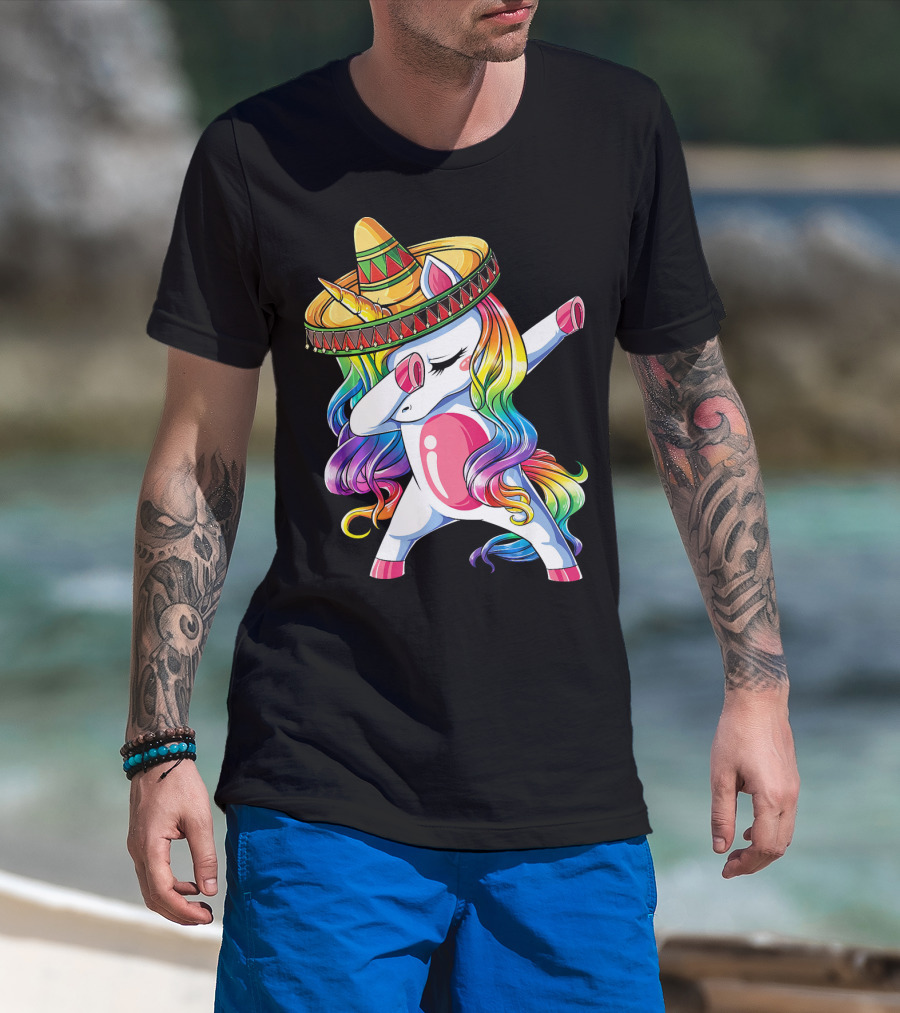 Dabbing Rainbow Unicorn With Sombrero Funny Cinco De Mayo T-Shirt