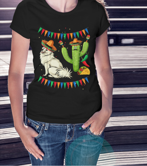 Sombrero American Eskimo Dog Mexico Cactus Fiesta Taco Peppers T-Shirt