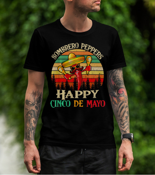Sombrero Peppers Happy Cinco De Mayo Vintage Sunset T-Shirt