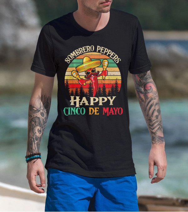 Sombrero Peppers Happy Cinco De Mayo Vintage Sunset T-Shirt