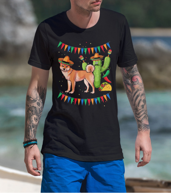 Sombrero Shiba Inu Dog Mexico Cinco De Mayo Celebration With Cactus And Taco T-Shirt