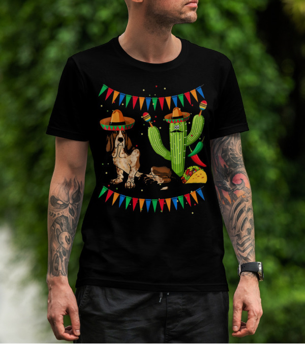 Sombrero Basset Hound Dog Mexico Cinco Cactus Taco Fiesta Decor T-Shirt