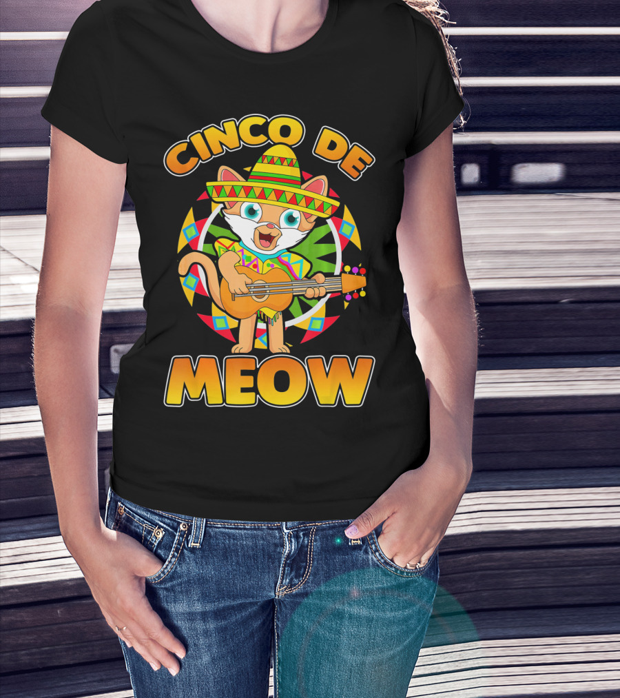 Cinco De Meow Mexican Sombrero Cat Playing Guitar T-Shirt