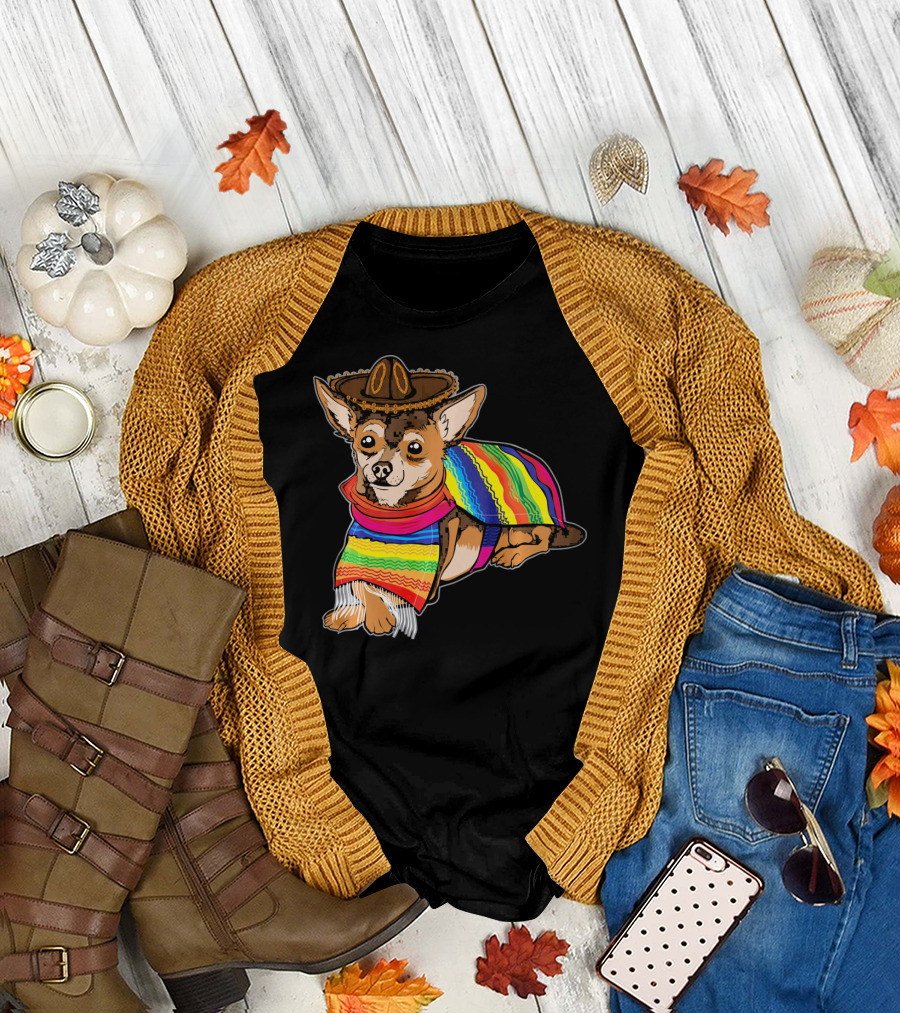 Cute Dog Chihuahua Chiweenie Mexico Sombrero Rainbow Poncho Cinc T-Shirt