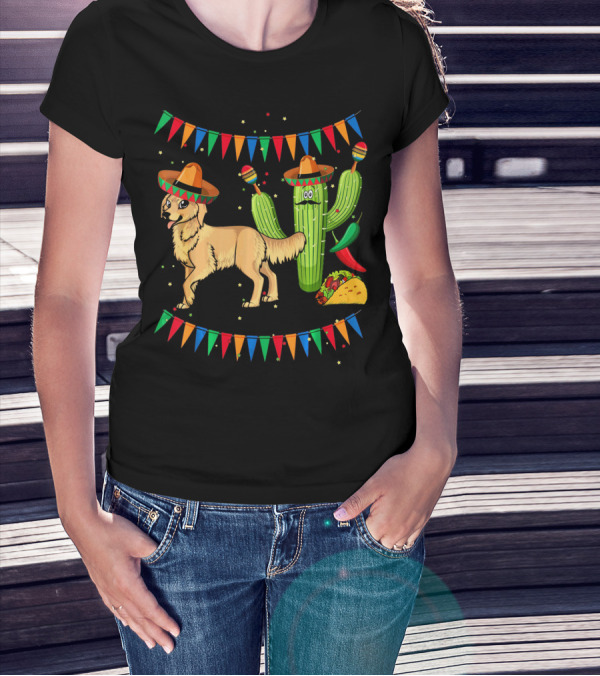 Sombrero Golden Retriever Dog Cactus Taco Fiesta Mexico Iconic T-Shirt